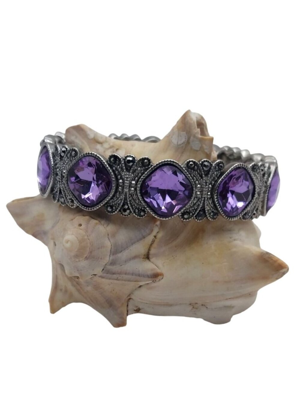 Silver Tone Marcasite Purple Faceted Crystal Art Deco Stretch Bracelet